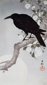 月明かりの下の枝に黒い鳥（色木版画）